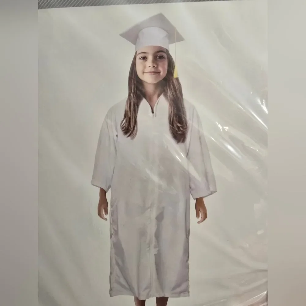 Graduation Childrens Cap and Gown for Ages 11Y-12Y, White, One Size